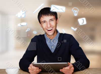 A businessman with icons floating around his head. Portrait of h