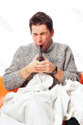 man trying to suicide. Isolated on white background