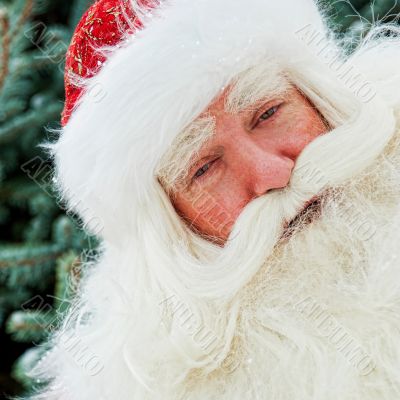 Portrait of Santa Claus standing with hand on chin outdoors at c