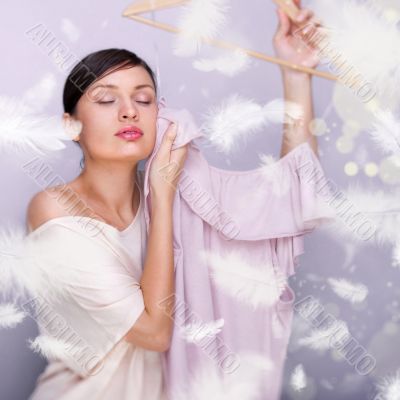 Portrait of pretty fashionable woman trying new clothes. Fashion