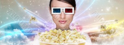 Portrait of young stylish modern woman wearing 3d glasses watchi