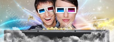 Portrait of young stylish modern couple wearing 3d glasses watch