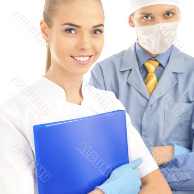 Portrait of Smiling doctor with his colleague in front of the ca