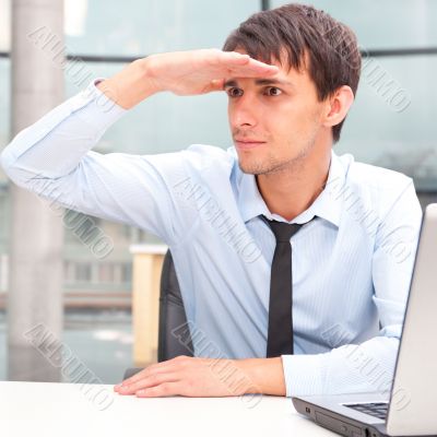Closeup portrait of businessman looking for employees. 