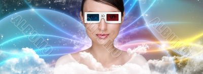 Portrait of young stylish modern woman wearing 3d glasses watchi