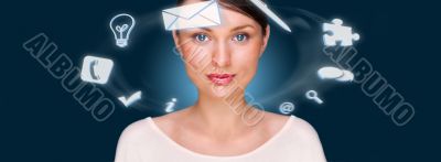 A businesswoman with icons floating around her head. Portrait of