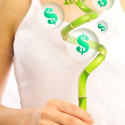 Young woman wearing white underwear holding lucky bamboo in her 