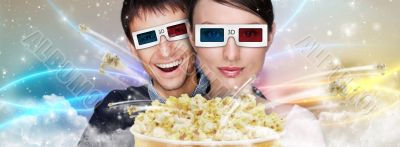 Portrait of young stylish modern couple wearing 3d glasses watch
