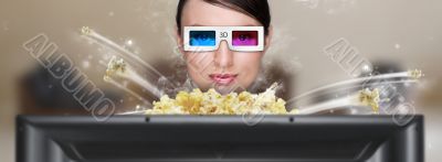 Portrait of young stylish modern woman wearing 3d glasses watchi