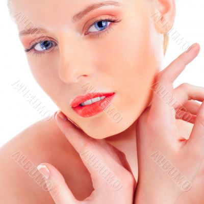 Close-up portrait of sexy caucasian young woman with beautiful b