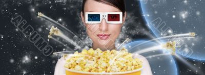 Portrait of young stylish modern woman wearing 3d glasses watchi