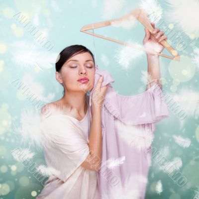 Portrait of pretty fashionable woman trying new clothes. Fashion