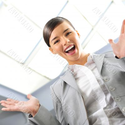 Closeup portrait of cute young business woman smiling