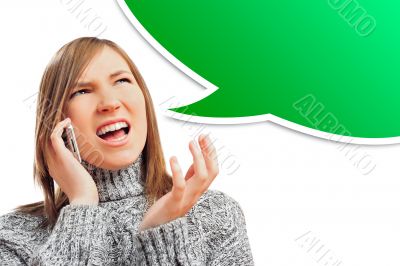 Closeup portrait of young woman talking using her cell phone and