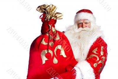 Santa Claus standing up on white background with his bag full of