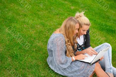 Portrait of two smiling women using laptop on a green meadow at 