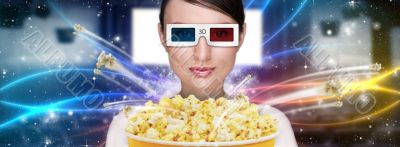 Portrait of young stylish modern woman wearing 3d glasses watchi