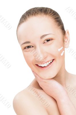 Portrait of a smiling beautiful young woman with two lines of cr