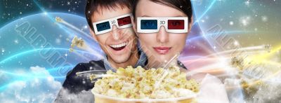 Portrait of young stylish modern couple wearing 3d glasses watch