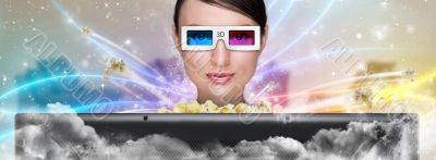 Portrait of young stylish modern woman wearing 3d glasses watchi