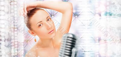 Girl Singing In Retro Microphone against vint