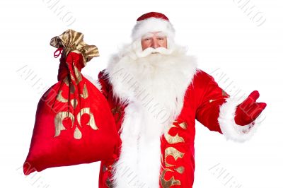 Santa Claus standing up on white background with his bag full of