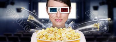 Portrait of young stylish modern woman wearing 3d glasses watchi