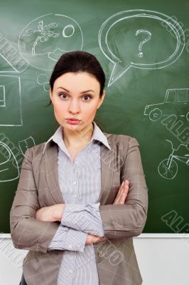 Closeup portrait of young woman thinking of her plans using gree