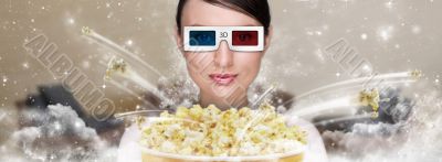 Portrait of young stylish modern woman wearing 3d glasses watchi