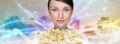 Portrait of young stylish modern woman watching movie at home an