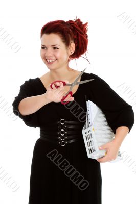  Modern girl with scissors and folder of documents