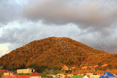 Landscape with Caucasus mountain and village