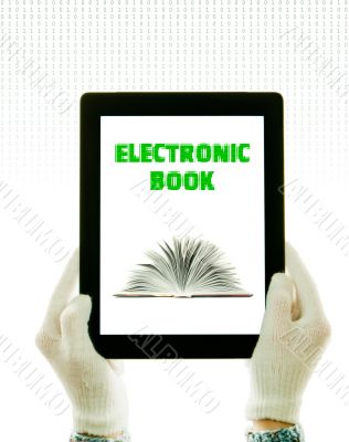 Hands wearing white gloves holding a tablet PC