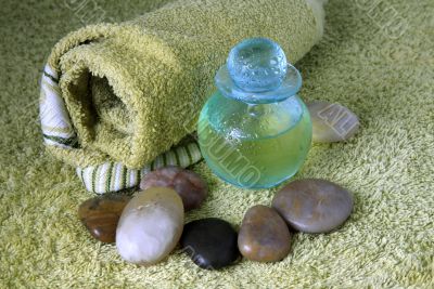 Blue bottle with massage oil