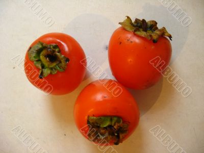 three beautiful ripe persimmons laying on a table