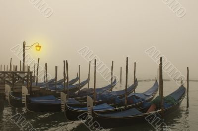 Venetian gondolas in the fog