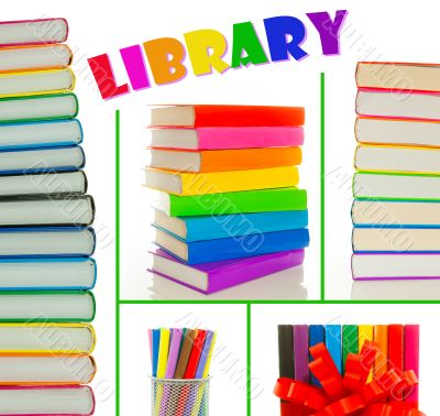 Collage of colorful books` stacks - Library concept