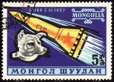 Soviet rocket and dog Laika on Mongolian post stamp