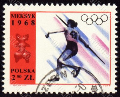 Javelin throwing on post stamp of Poland