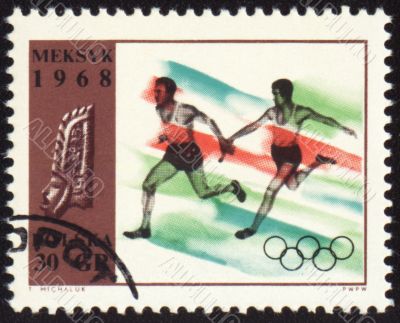 Relay race on post stamp of Poland