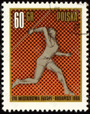 Javelin throwing on post stamp