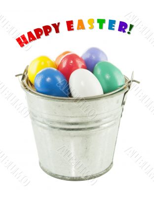 Colorful Easter eggs in a bucket