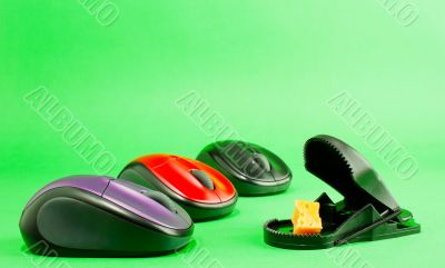 Three computer mouses with a mousetrap