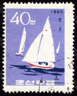 Yachts in a sea on post stamp