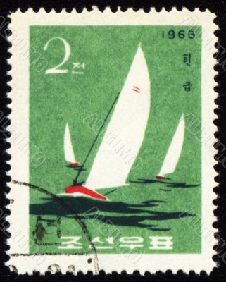 Yachts in a sea on post stamp