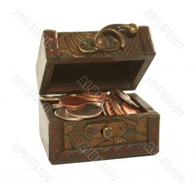Brown box full of coins