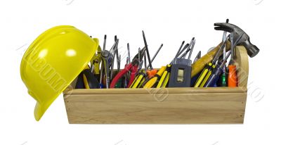 Hard Hat and Long Wooden Toolbox