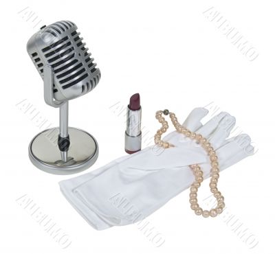 Microphone with White Gloves, Pearls and Lipstick