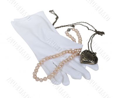 White Gloves with Pearls and Heart Locket