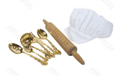 Toque Blanche with a Rolling Pin and Goldware